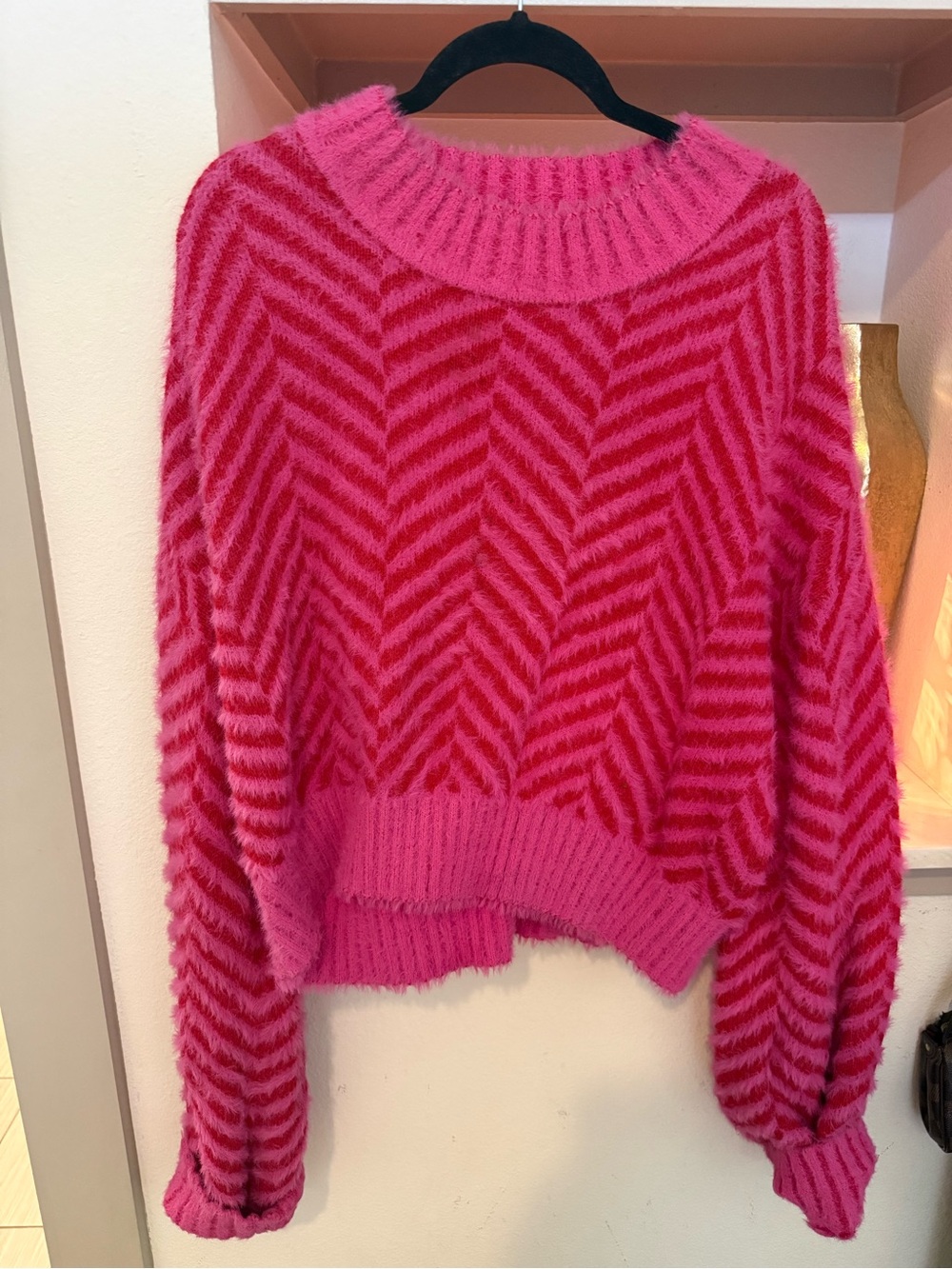 Sugarlips Hot Pink Zigzag Fuzzy Crew Sweater
